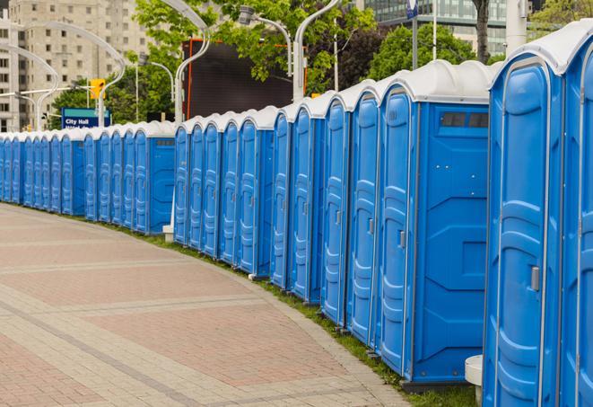 a line of portable restrooms at an outdoor wedding, catering to guests with style and comfort in Ashland